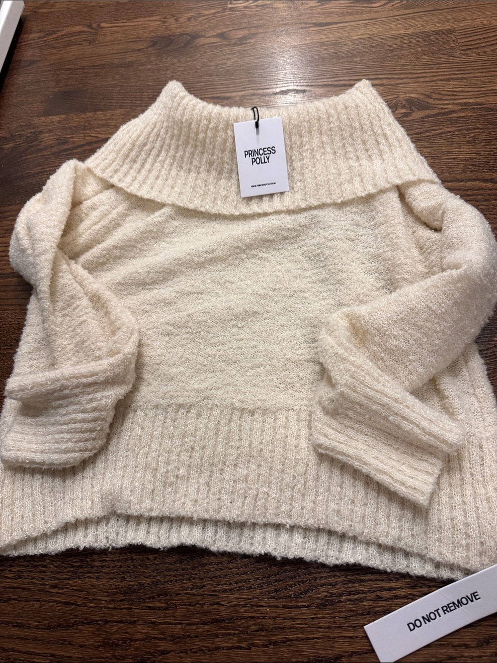 Princess Polly Cream Off-Shoulder Fold-Over Knit Sweater